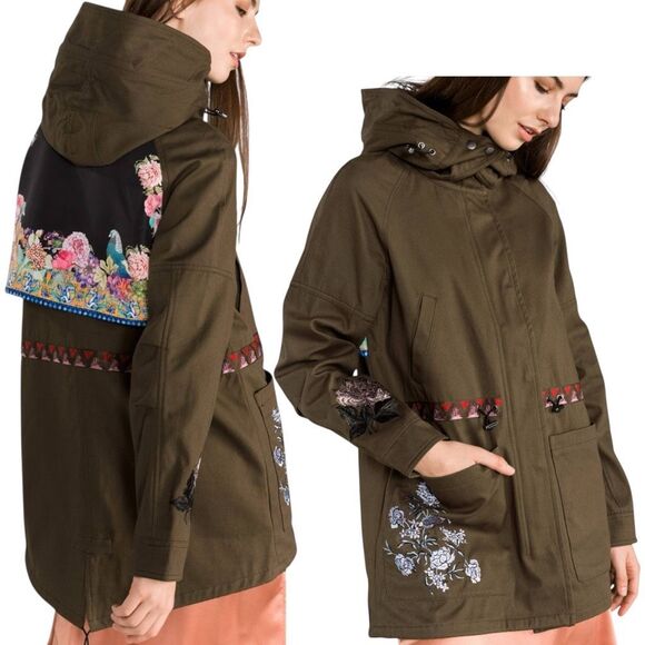 Desigual Jacket 6 Olive Green Parka‎ Victorian Gothic Hooded Embroidered Floral - Picture 2 of 16